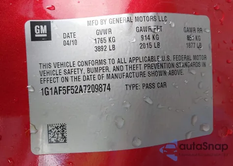 2010 Chevrolet Cobalt Lt из США, поврежденный, VIN 1G1AF5F52A7209874